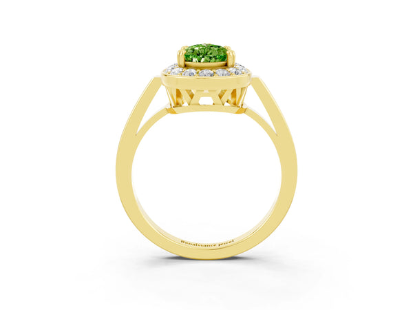 Yellow gold Pear Cut Peridot Halo Ring with Split Shank and Four-Prong Setting