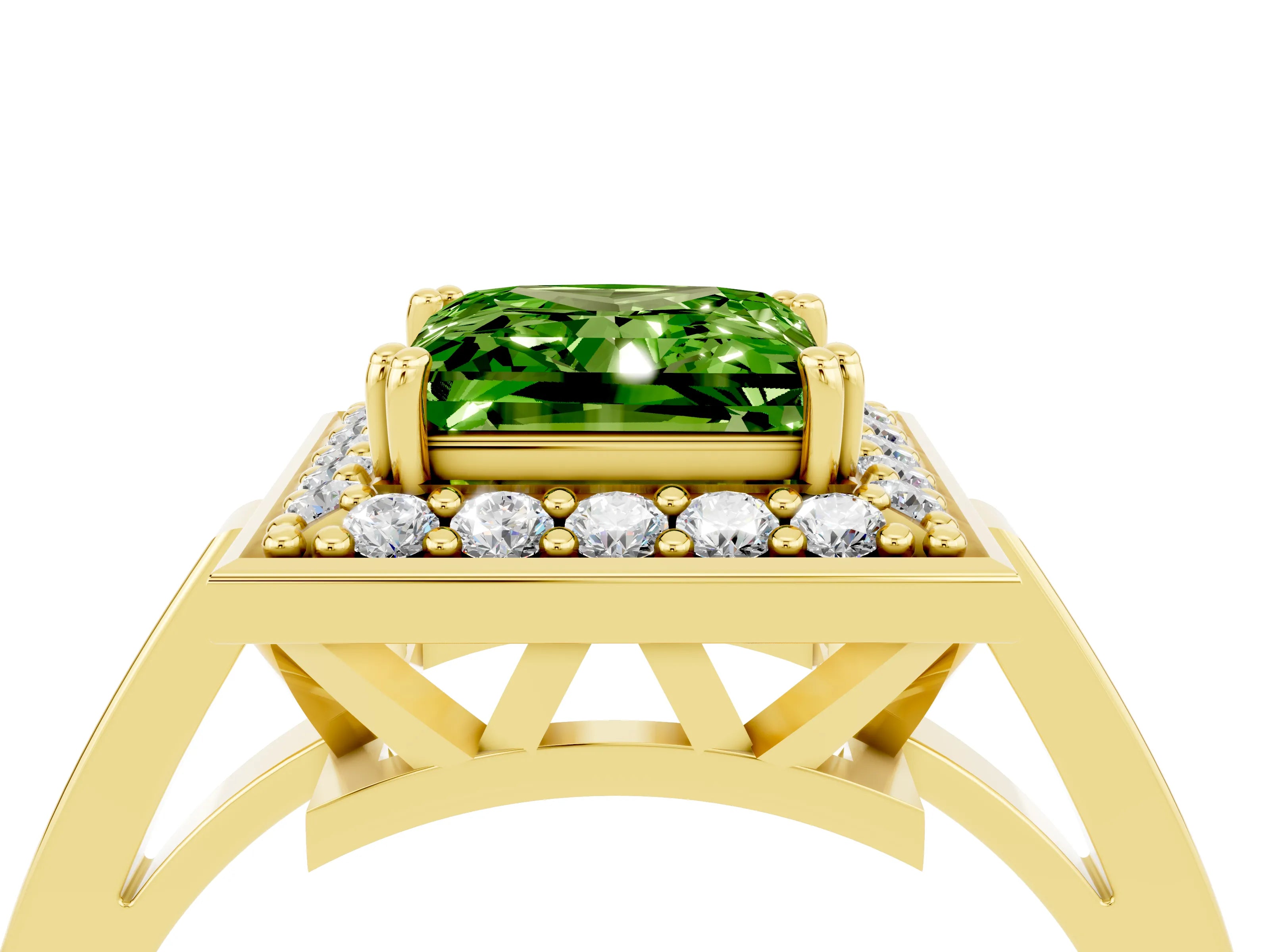 Yellow gold {shape_name} Peridot Halo Ring with Split Shank and Four-Prong Setting_4
