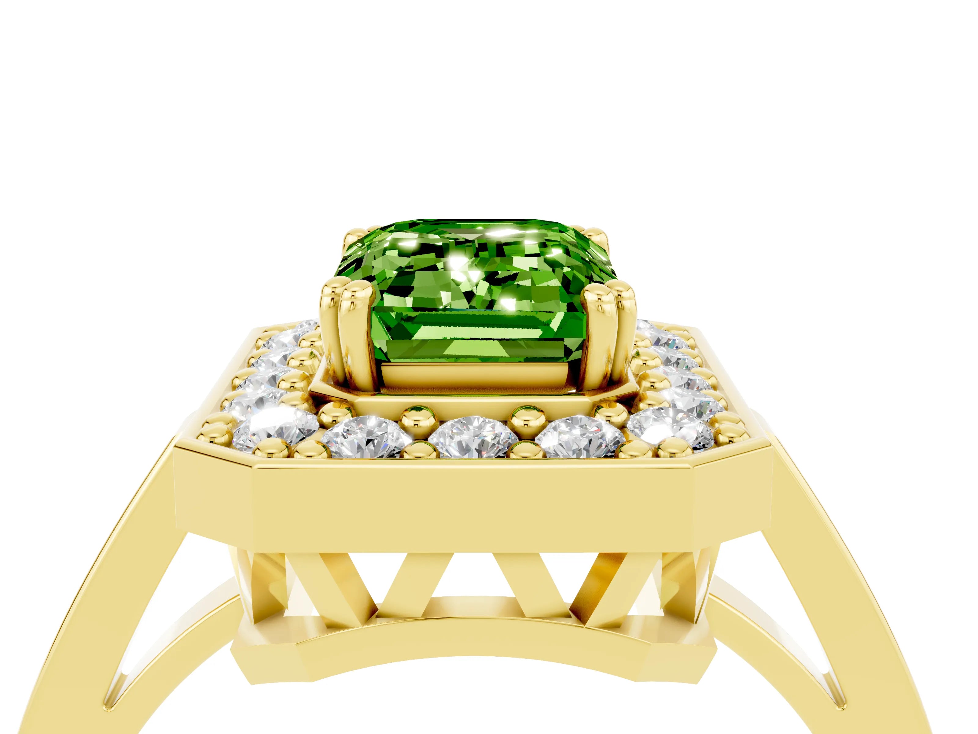 Yellow gold {shape_name} Peridot Halo Ring with Split Shank and Four-Prong Setting_4