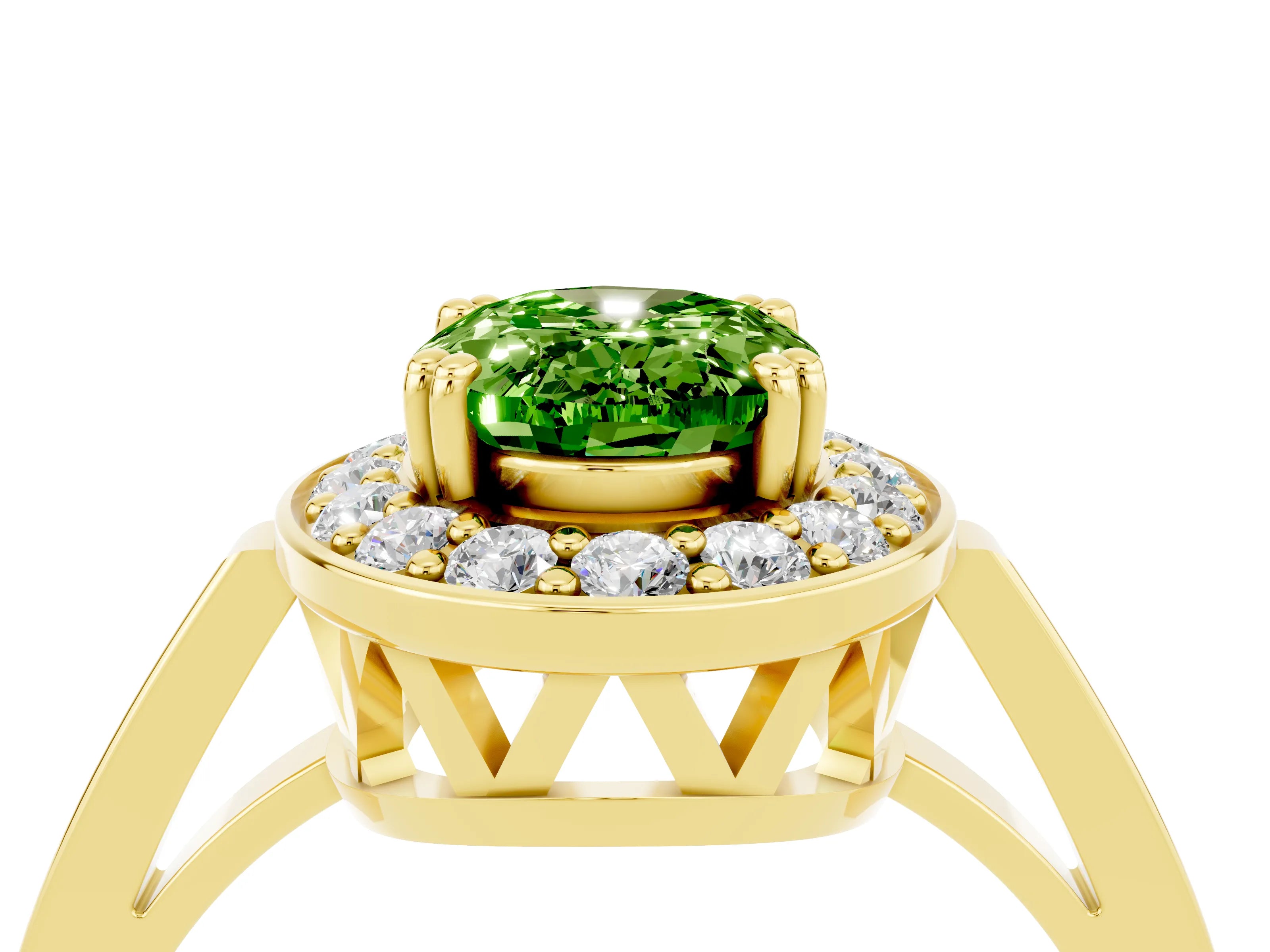 Yellow gold {shape_name} Peridot Halo Ring with Split Shank and Four-Prong Setting_4