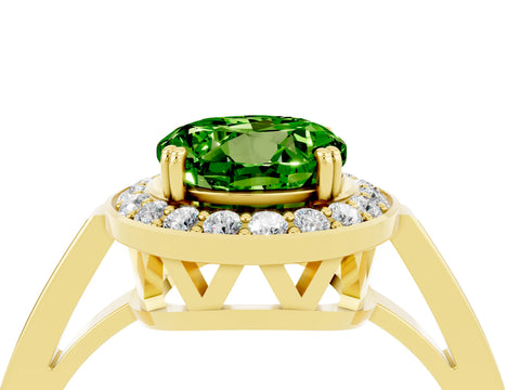 Yellow gold {shape_name} Peridot Halo Ring with Split Shank and Four-Prong Setting_4