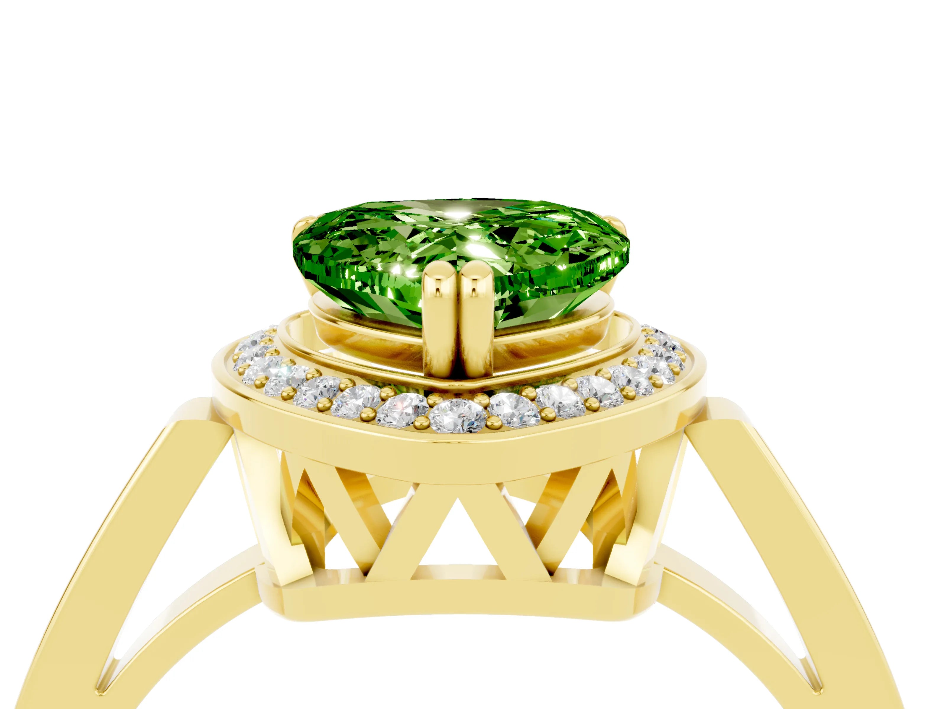Yellow gold {shape_name} Peridot Halo Ring with Split Shank and Four-Prong Setting_4