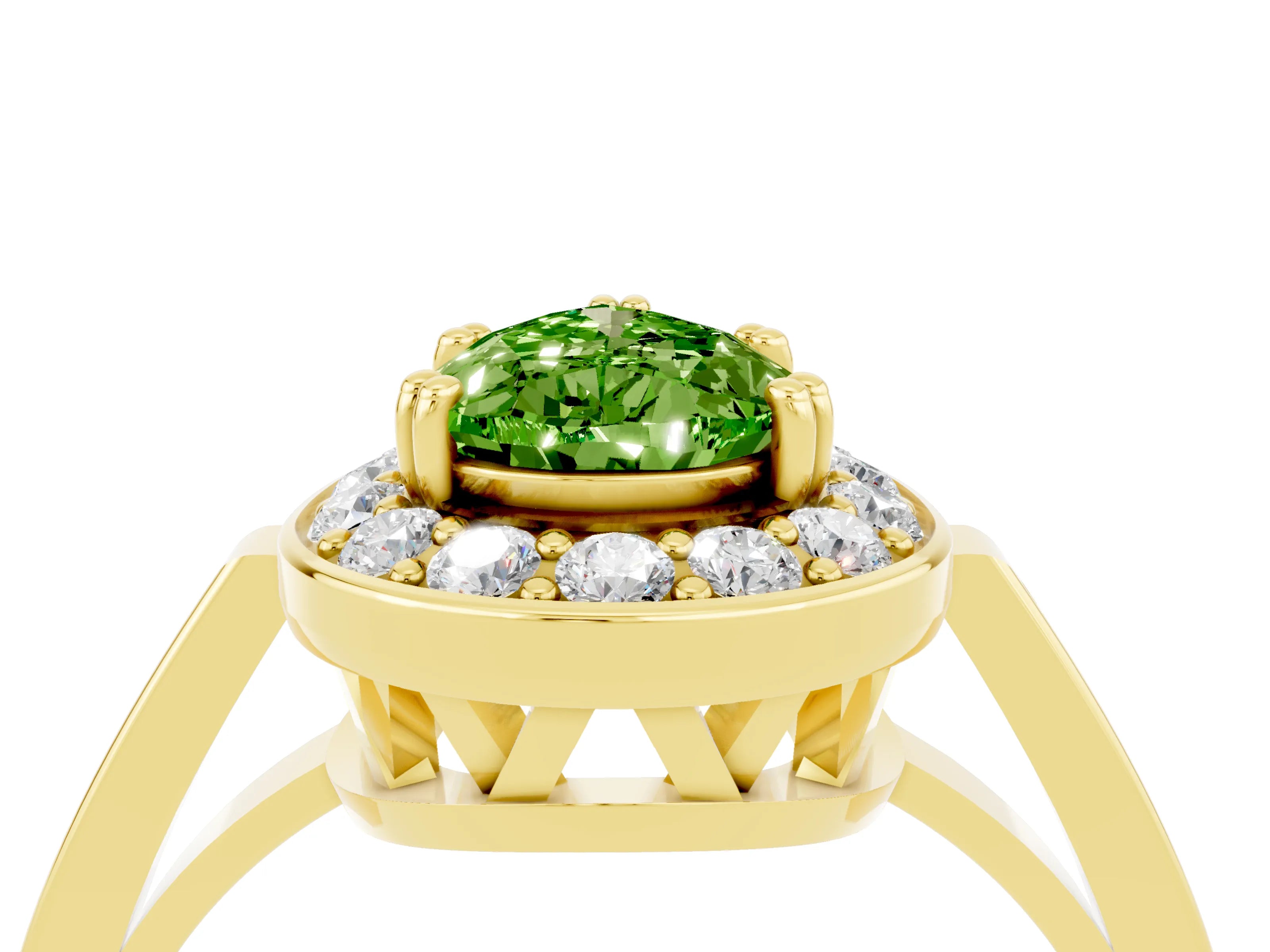 Yellow gold {shape_name} Peridot Halo Ring with Split Shank and Four-Prong Setting_4