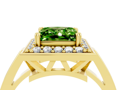 Yellow gold {shape_name} Peridot Halo Ring with Split Shank and Four-Prong Setting_4