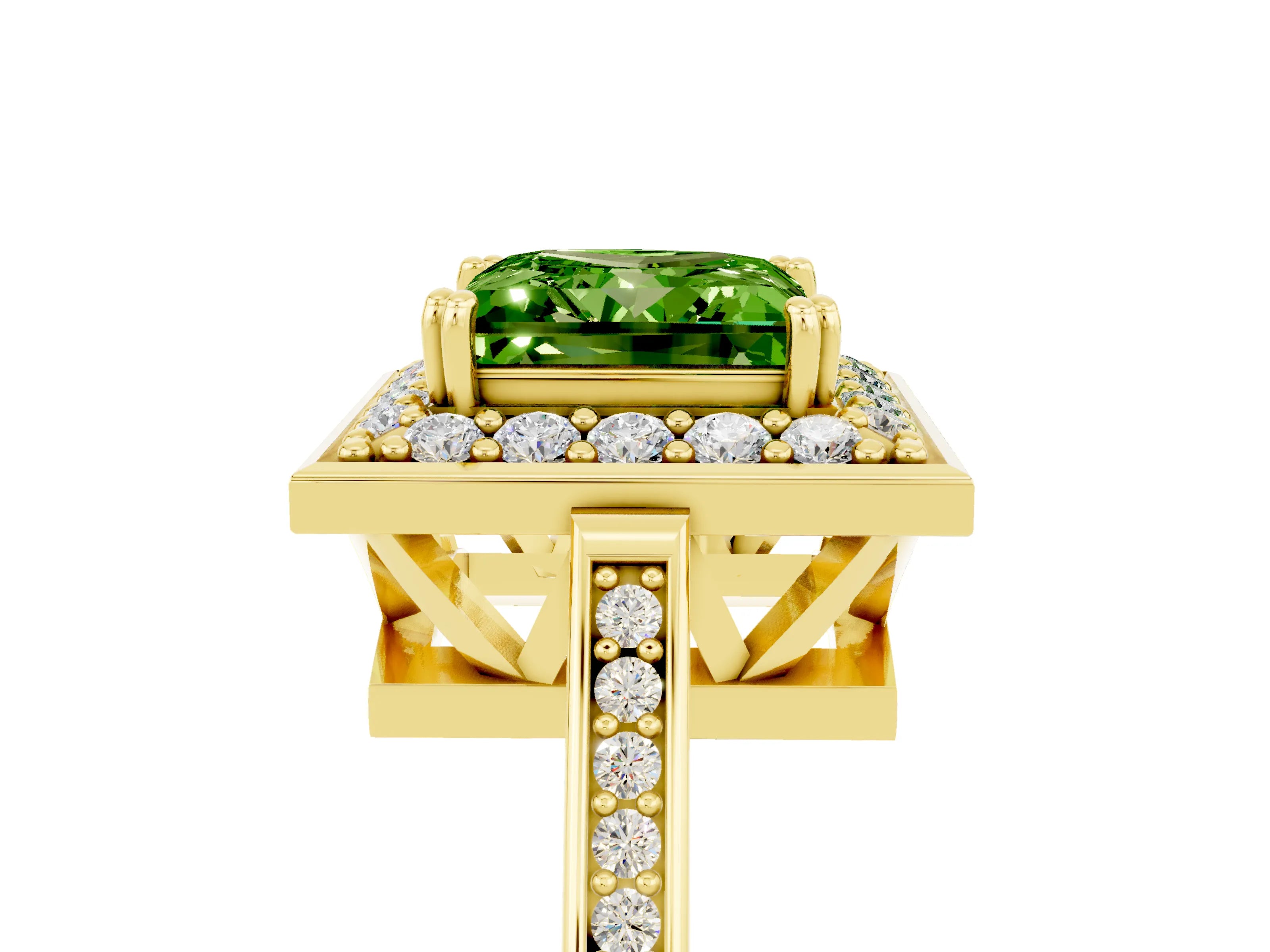 Yellow gold {shape_name} Peridot Halo Ring with Split Shank and Four-Prong Setting_5