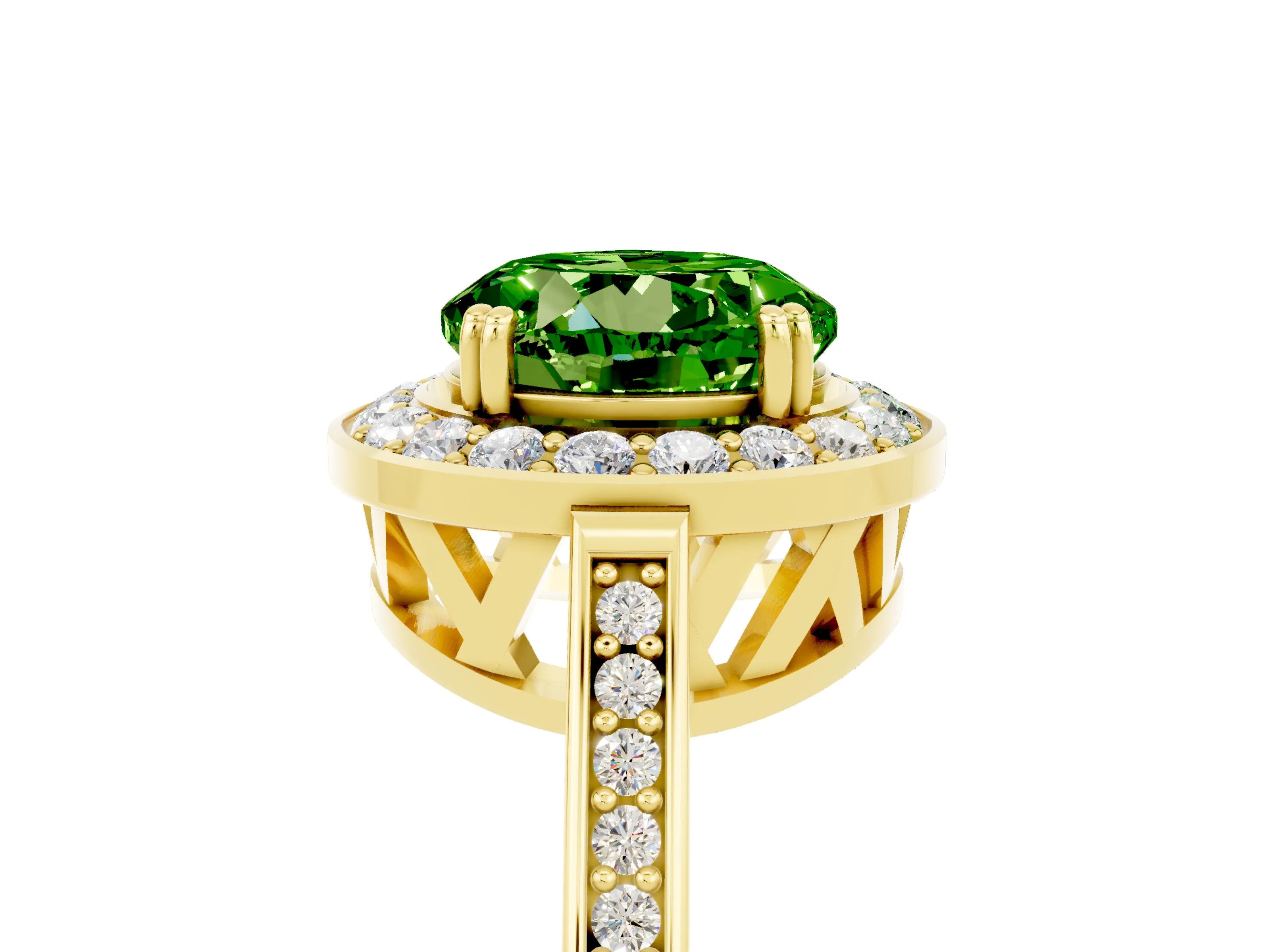 Yellow gold {shape_name} Peridot Halo Ring with Split Shank and Four-Prong Setting_5