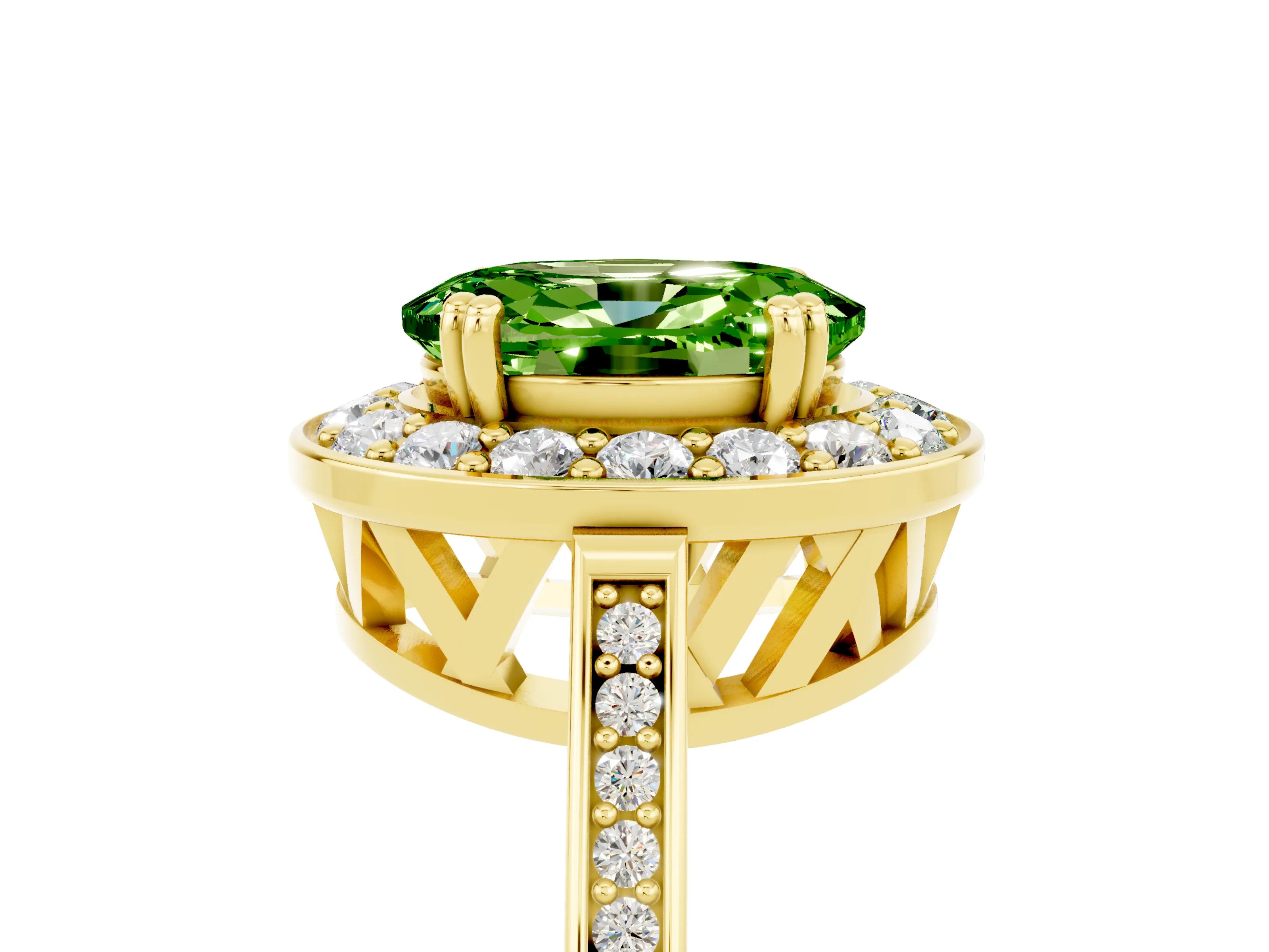 Yellow gold {shape_name} Peridot Halo Ring with Split Shank and Four-Prong Setting_5