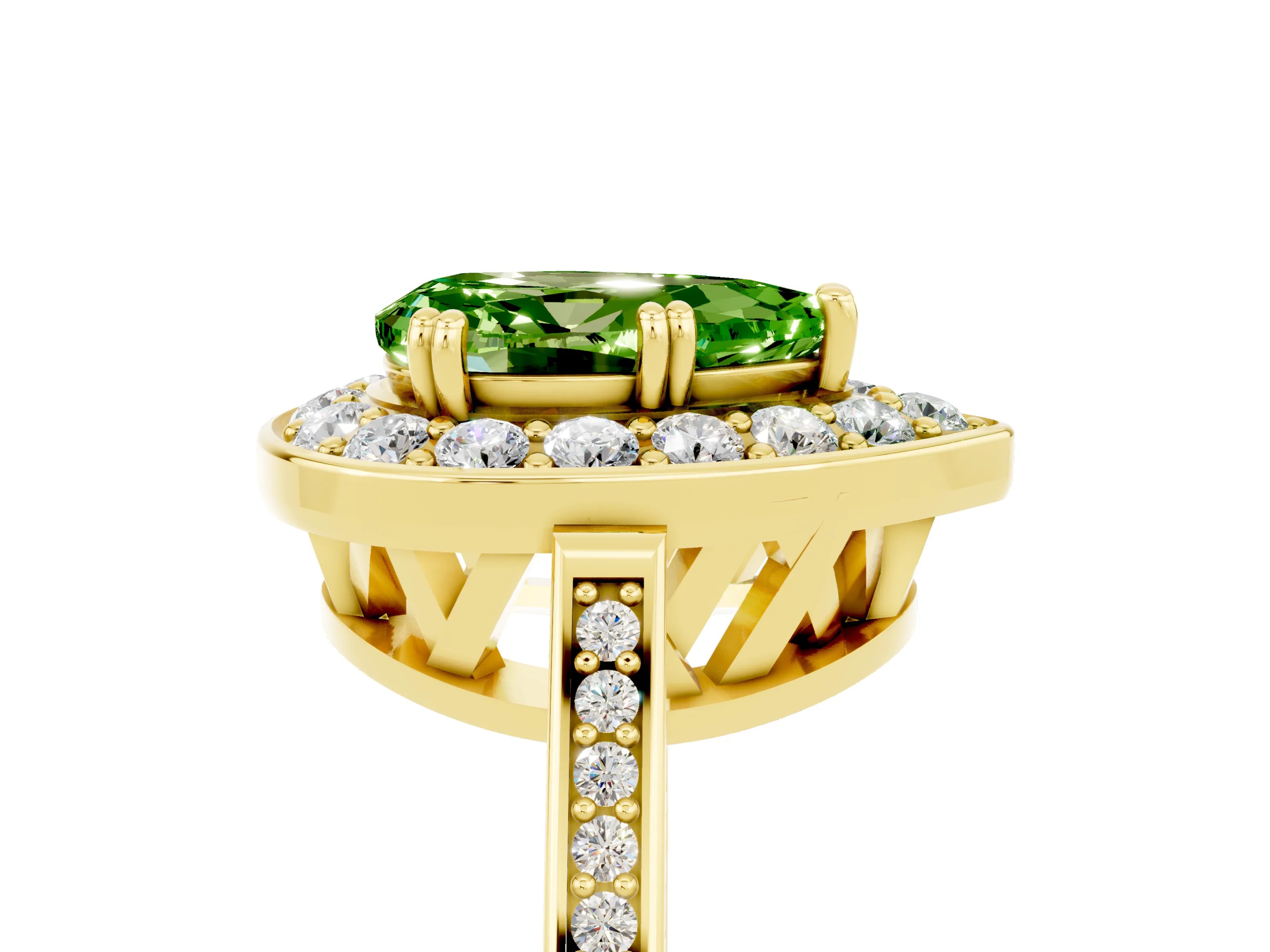 Yellow gold {shape_name} Peridot Halo Ring with Split Shank and Four-Prong Setting_5
