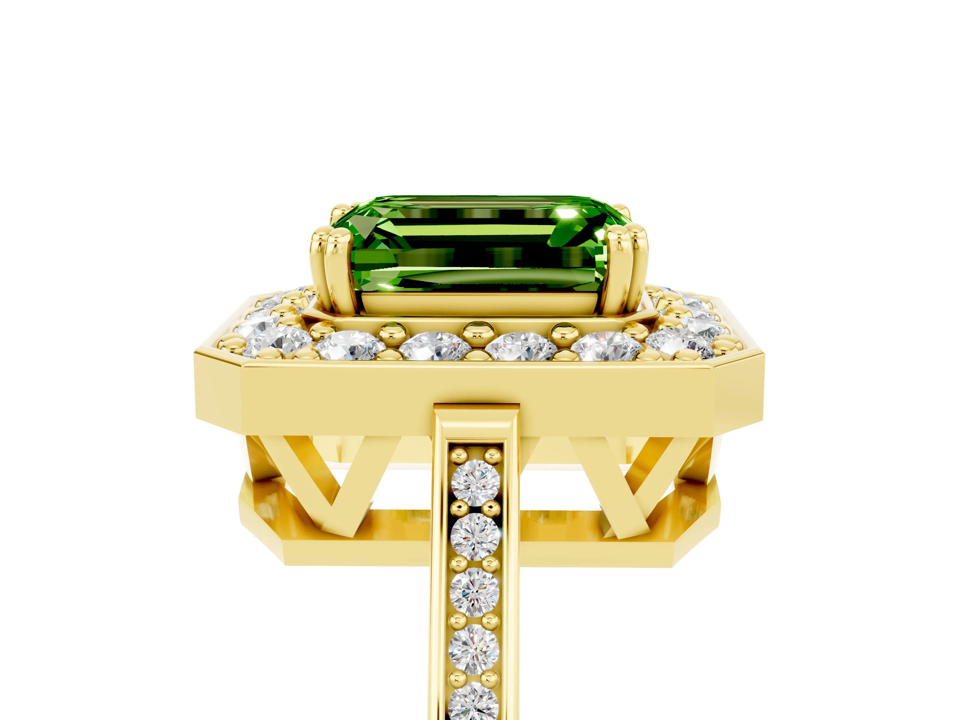 Yellow gold {shape_name} Peridot Halo Ring with Split Shank and Four-Prong Setting_5
