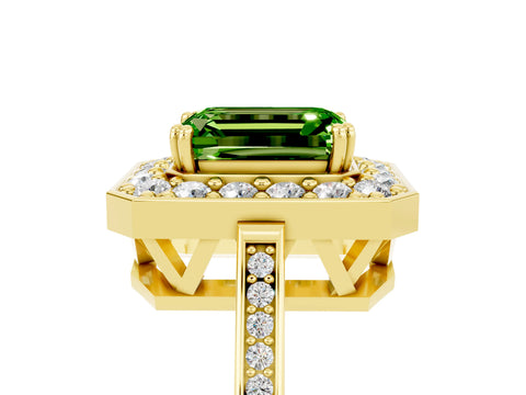 Yellow gold {shape_name} Peridot Halo Ring with Split Shank and Four-Prong Setting_5