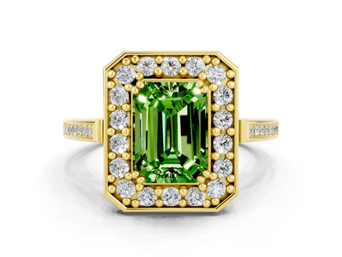 Yellow gold {shape_name} Peridot Halo Ring with Split Shank and Four-Prong Setting