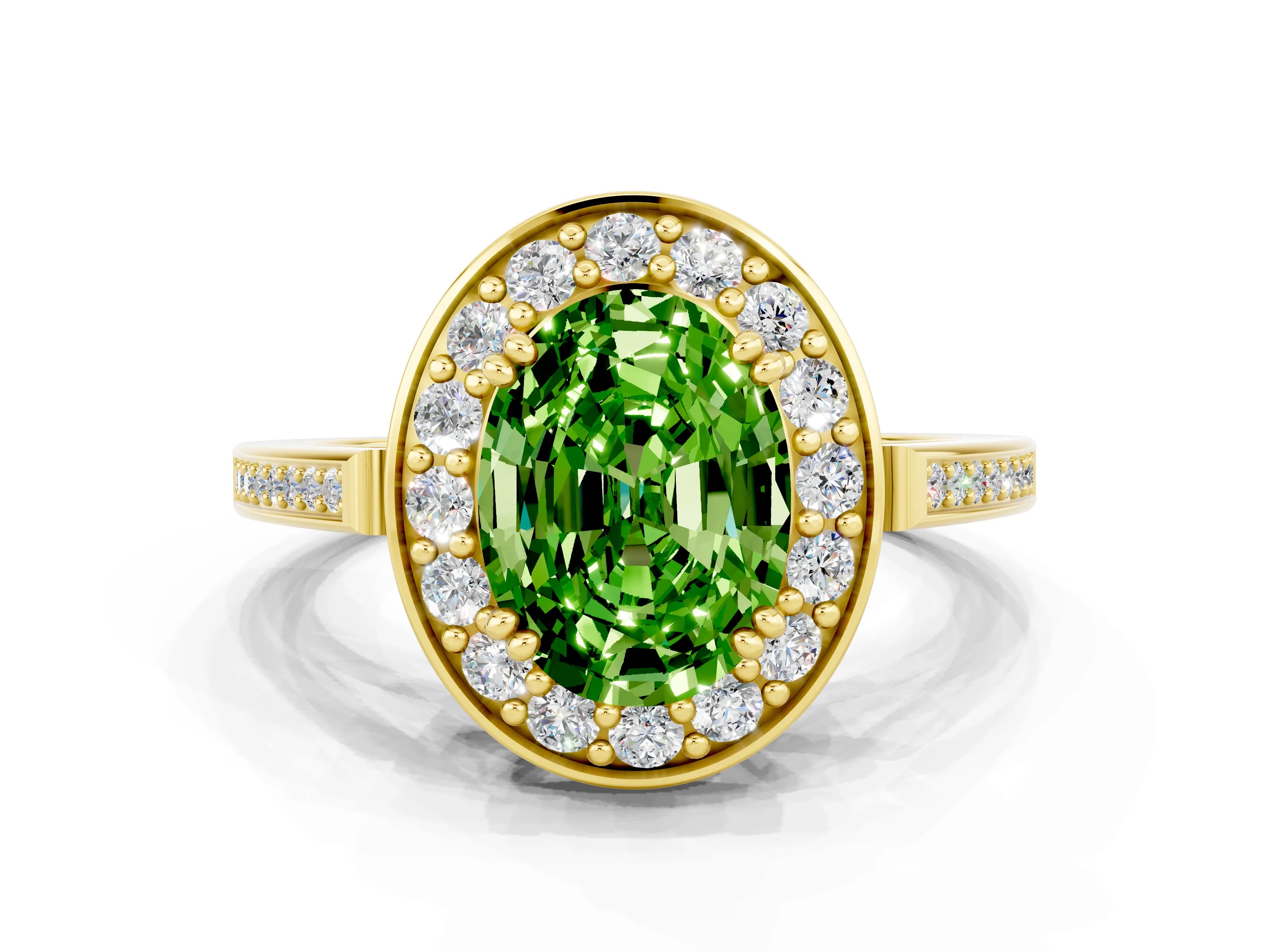 Yellow gold {shape_name} Peridot Halo Ring with Split Shank and Four-Prong Setting