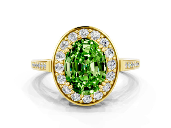 Yellow gold Oval Cut Peridot Halo Ring with Split Shank and Four-Prong Setting