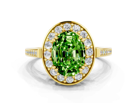 Yellow gold {shape_name} Peridot Halo Ring with Split Shank and Four-Prong Setting