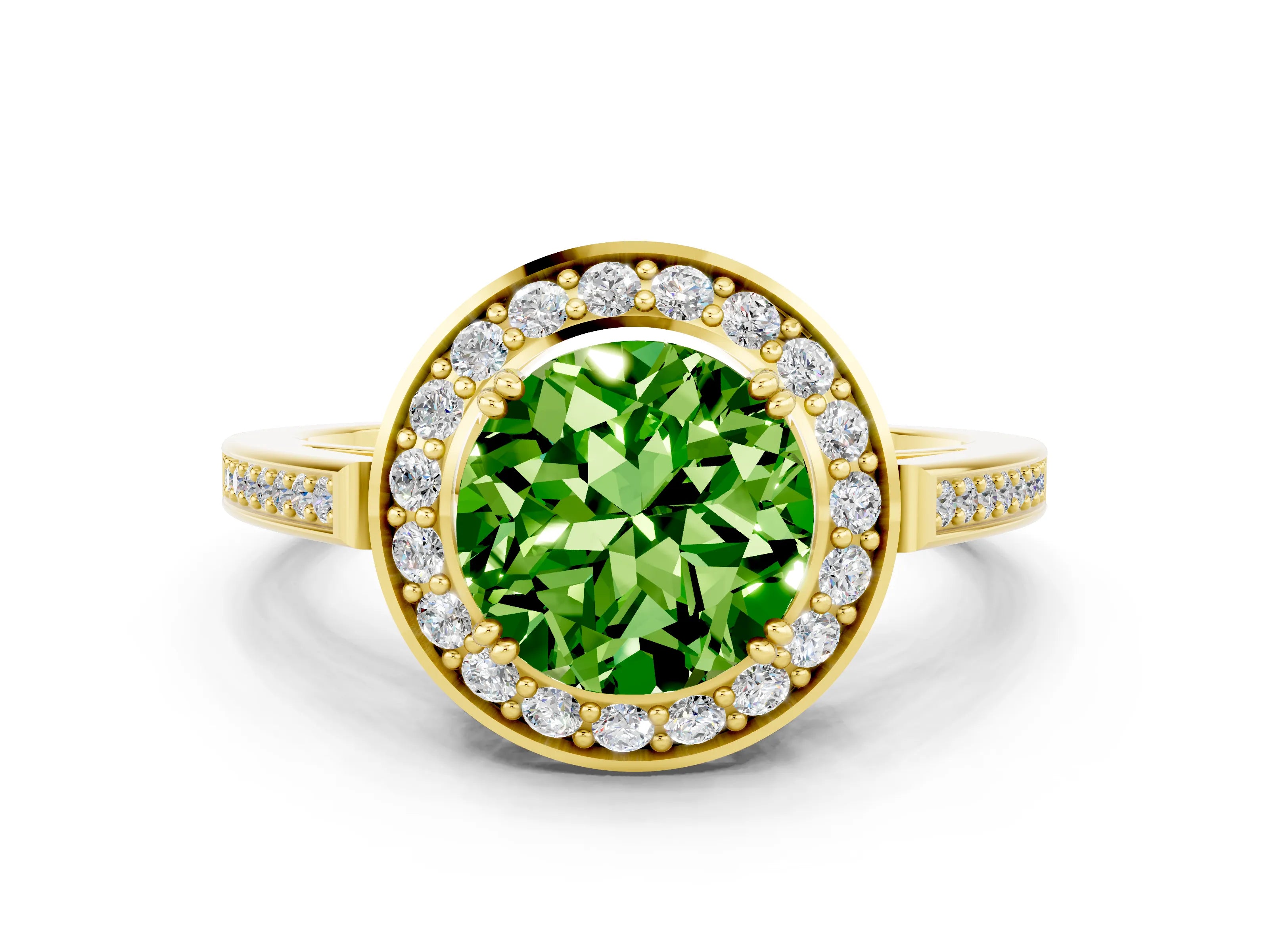 Yellow gold {shape_name} Peridot Halo Ring with Split Shank and Four-Prong Setting