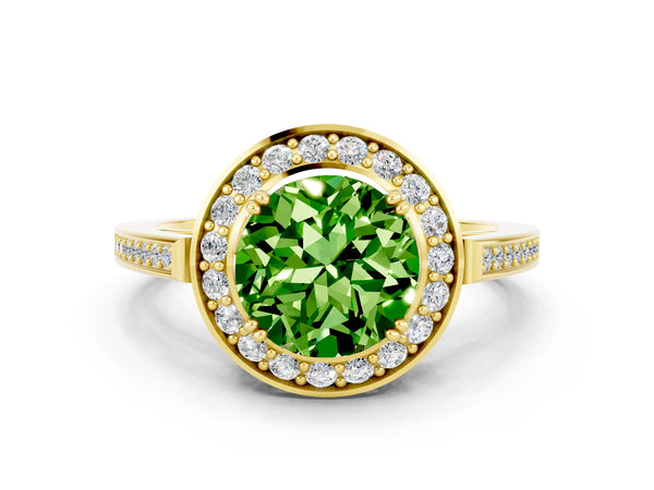 Yellow gold Round Cut Peridot Halo Ring with Split Shank and Four-Prong Setting