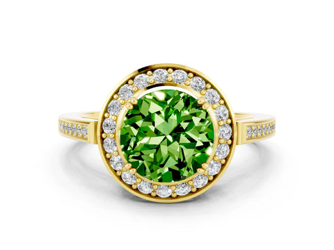 Yellow gold {shape_name} Peridot Halo Ring with Split Shank and Four-Prong Setting