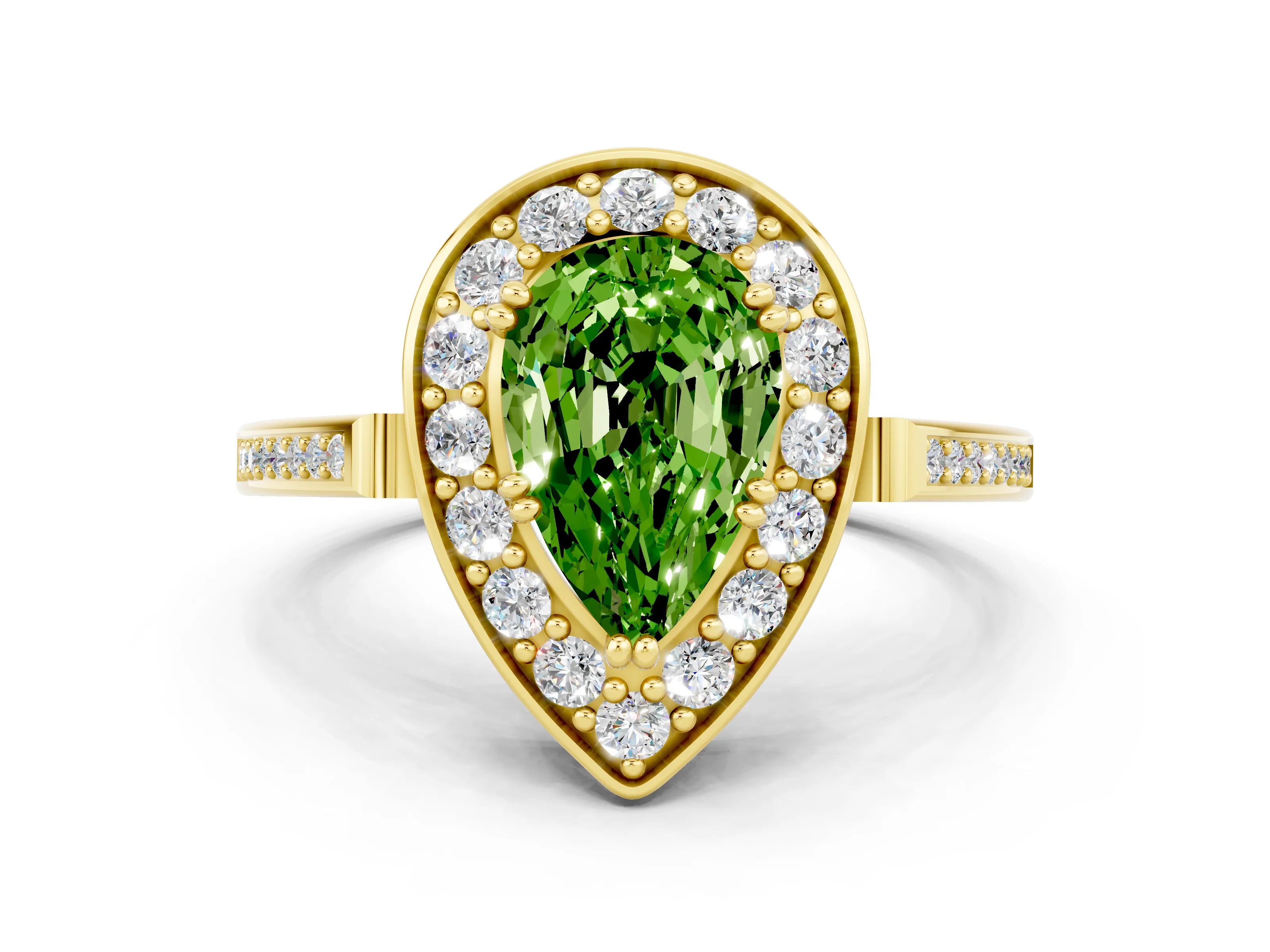 Yellow gold {shape_name} Peridot Halo Ring with Split Shank and Four-Prong Setting