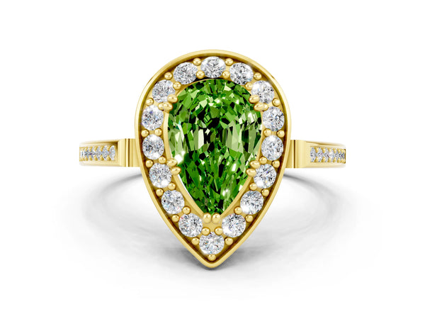 Yellow gold Pear Cut Peridot Halo Ring with Split Shank and Four-Prong Setting