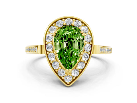 Yellow gold {shape_name} Peridot Halo Ring with Split Shank and Four-Prong Setting