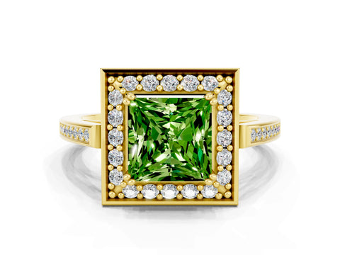 Yellow gold {shape_name} Peridot Halo Ring with Split Shank and Four-Prong Setting