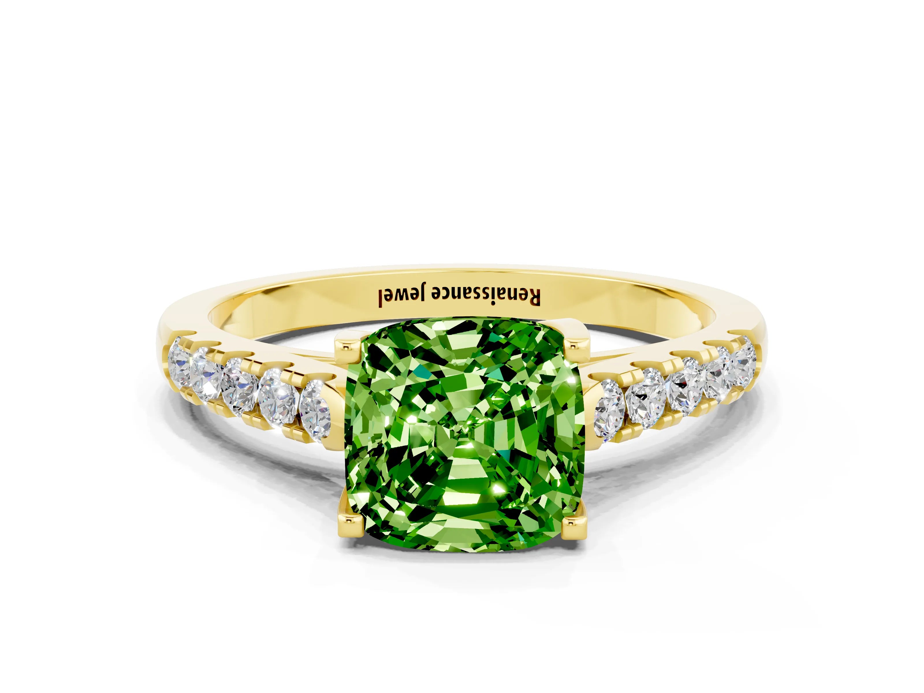 Yellow gold {shape_name} Peridot Solitaire Ring with Pavé Band and Four-Prong Setting
