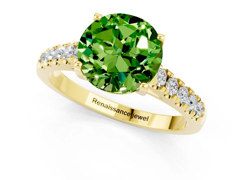 Yellow gold {shape_name} Peridot Solitaire Ring with Pavé Band and Four-Prong Setting_1