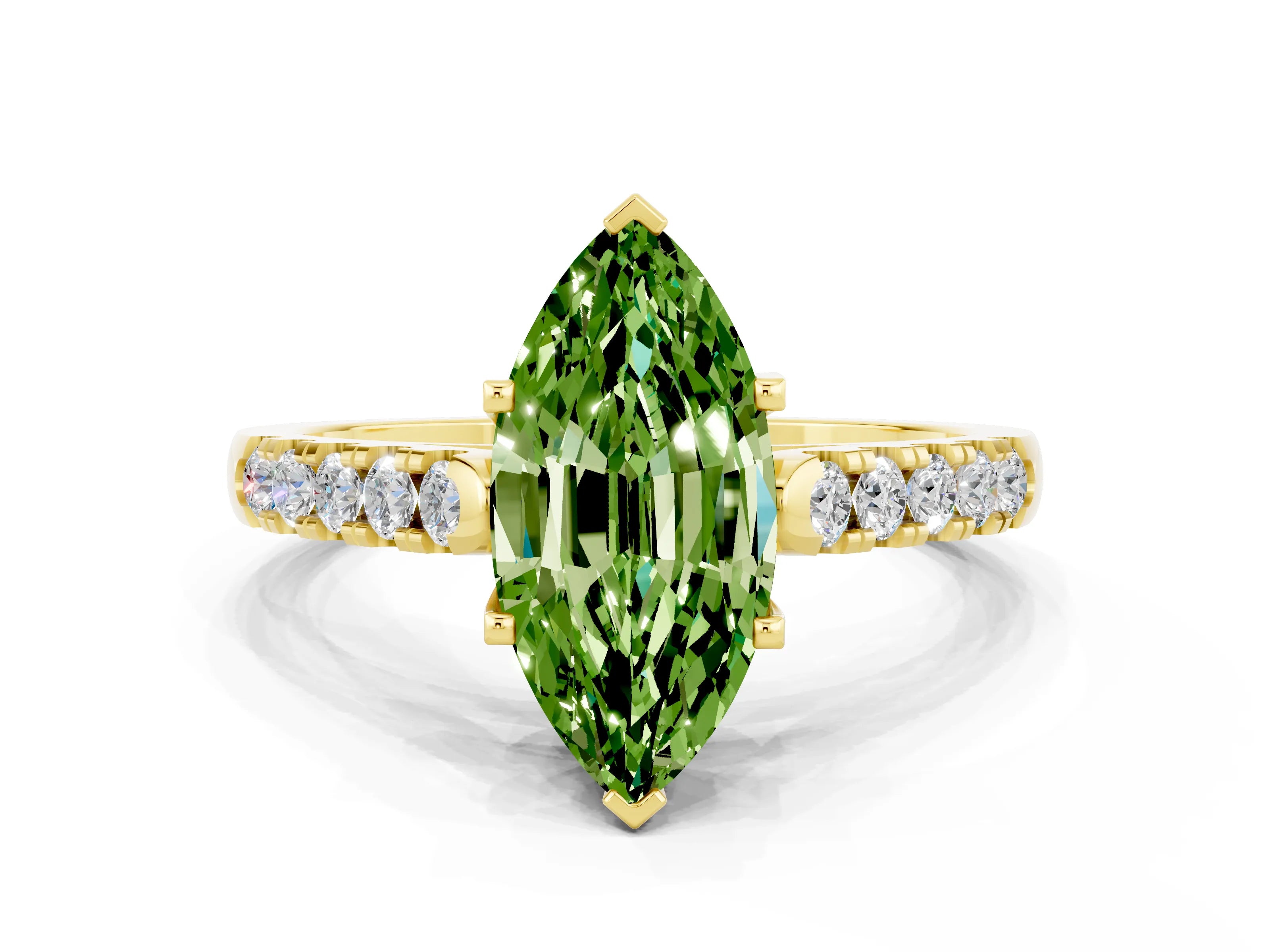 Yellow gold {shape_name} Peridot Solitaire Ring with Pavé Band and Four-Prong Setting
