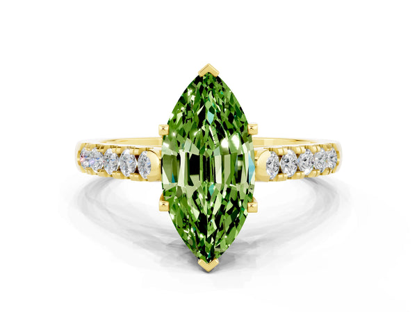 Yellow gold Marquise Cut Peridot Pavé Band Solitaire Ring with Prong Setting