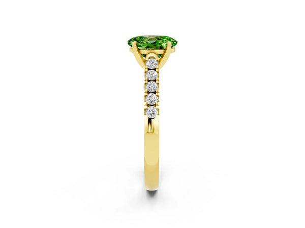 Yellow gold Oval Cut Peridot Pavé Band Solitaire Ring with Prong Setting