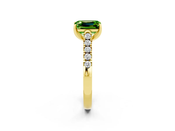 Yellow gold Emerald Cut Peridot Pavé Band Solitaire Ring with Prong Setting