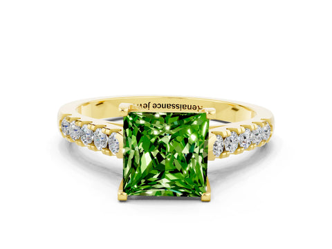 Yellow gold {shape_name} Peridot Solitaire Ring with Pavé Band and Four-Prong Setting