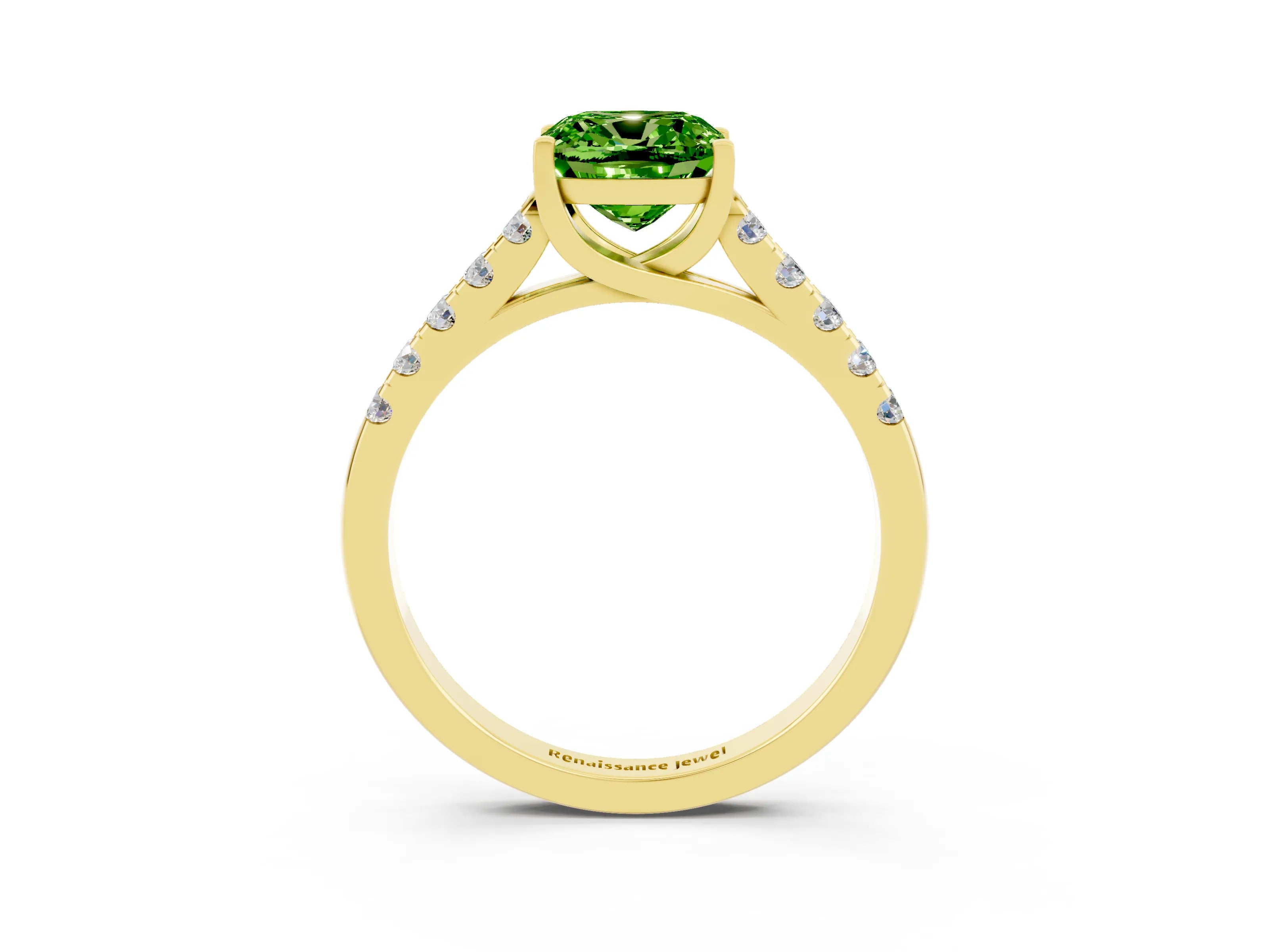 Yellow gold {shape_name} Peridot Solitaire Ring with Pavé Band and Four-Prong Setting_3