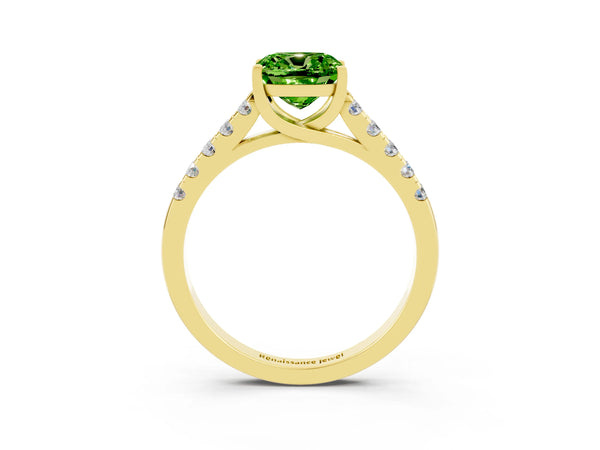 Yellow gold Cushion Cut Peridot Pavé Band Solitaire Ring with Prong Setting
