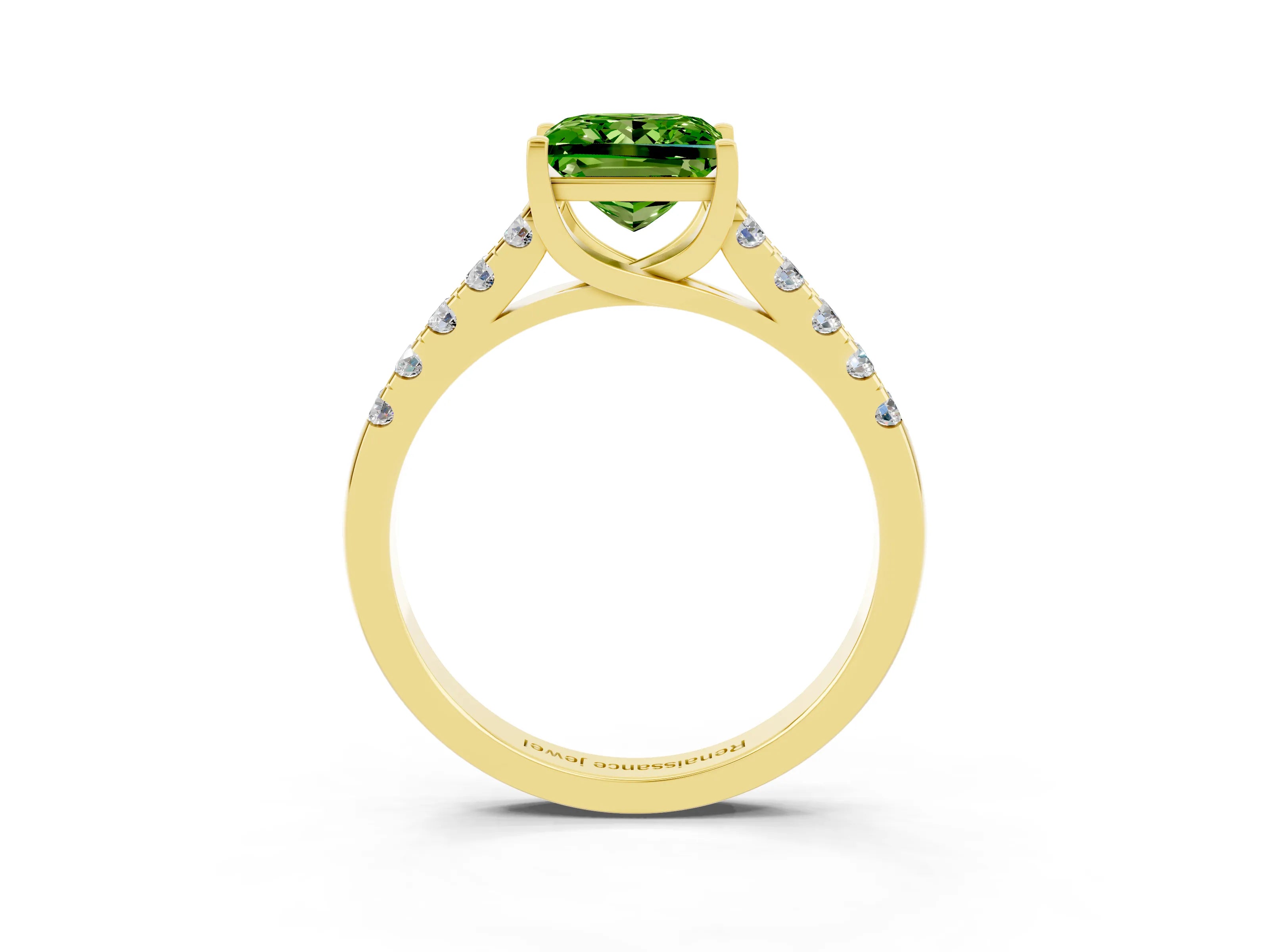 Yellow gold {shape_name} Peridot Solitaire Ring with Pavé Band and Four-Prong Setting_3