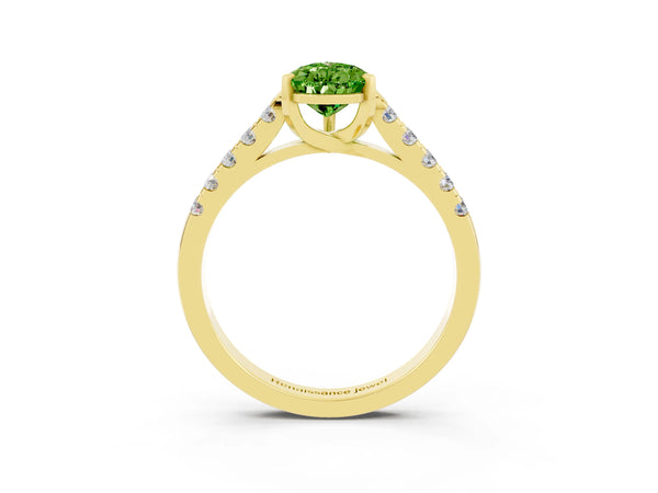 Yellow gold Pear Cut Peridot Pavé Band Solitaire Ring with Prong Setting