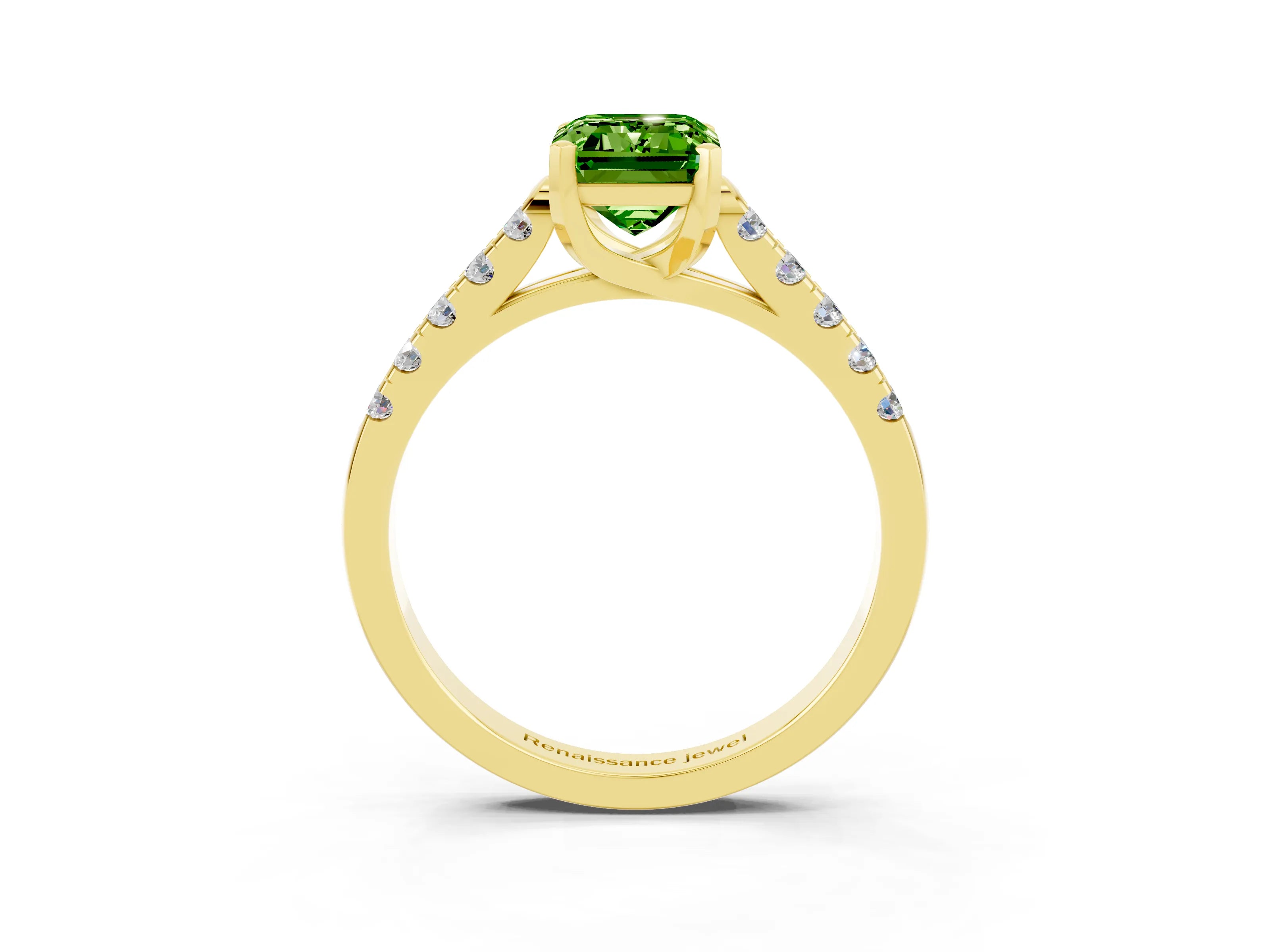 Yellow gold {shape_name} Peridot Solitaire Ring with Pavé Band and Four-Prong Setting_3