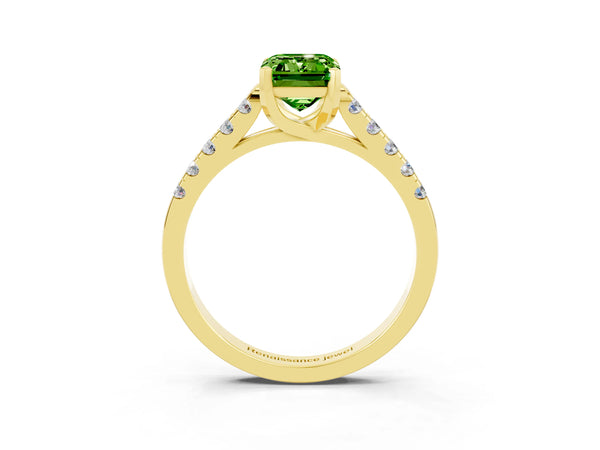 Yellow gold Emerald Cut Peridot Pavé Band Solitaire Ring with Prong Setting