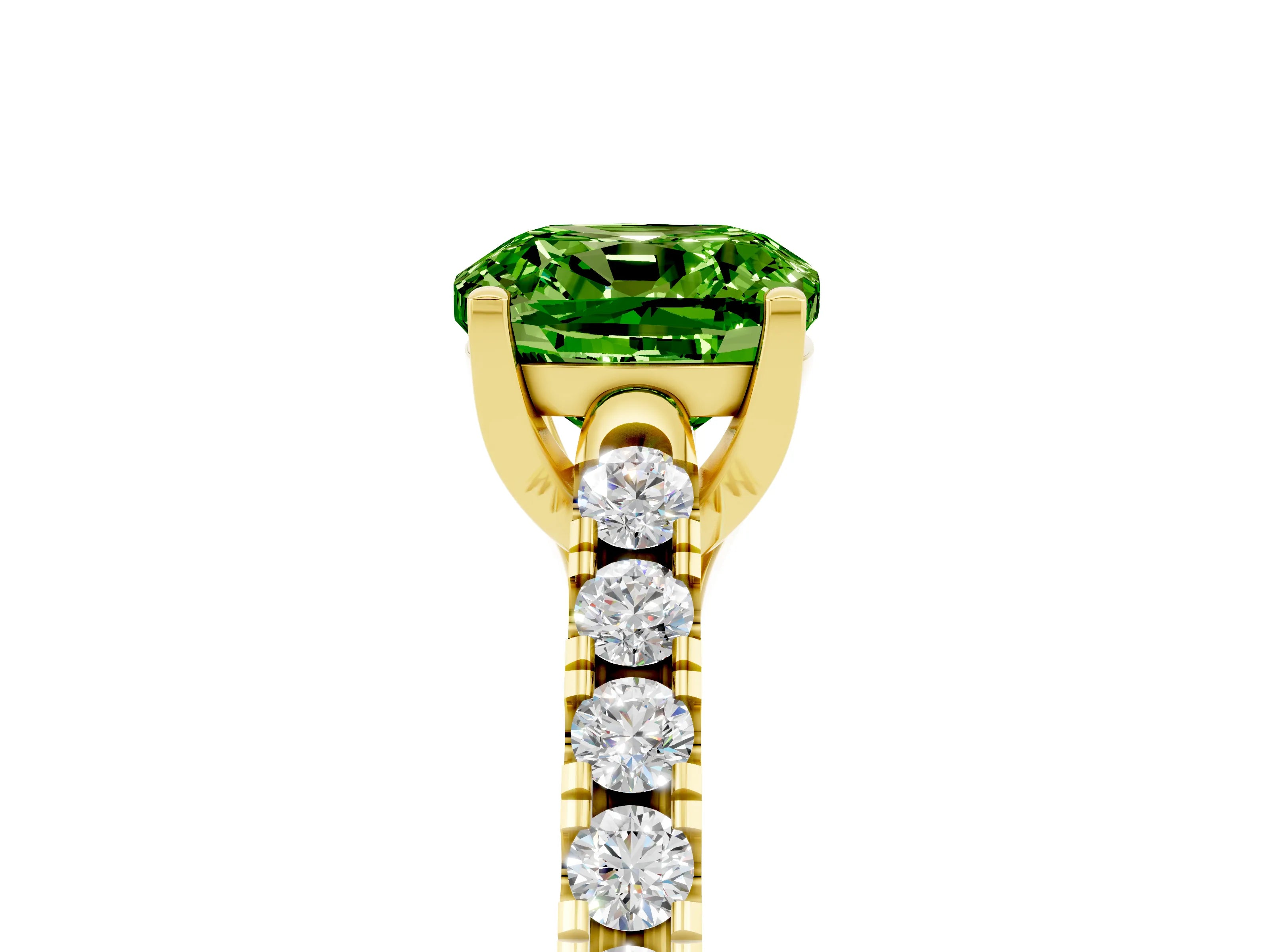 Yellow gold {shape_name} Peridot Solitaire Ring with Pavé Band and Four-Prong Setting_5