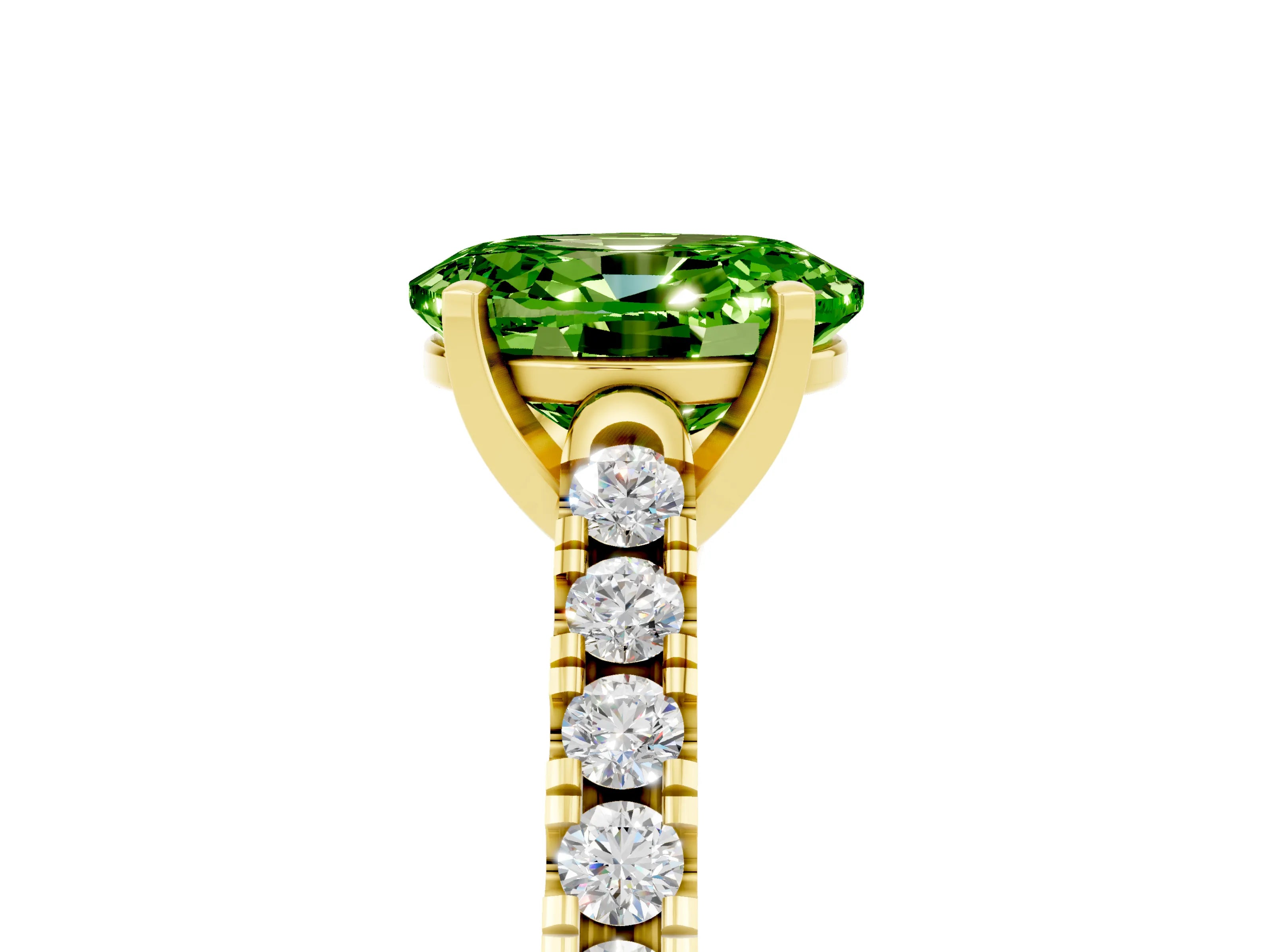 Yellow gold {shape_name} Peridot Solitaire Ring with Pavé Band and Four-Prong Setting_5
