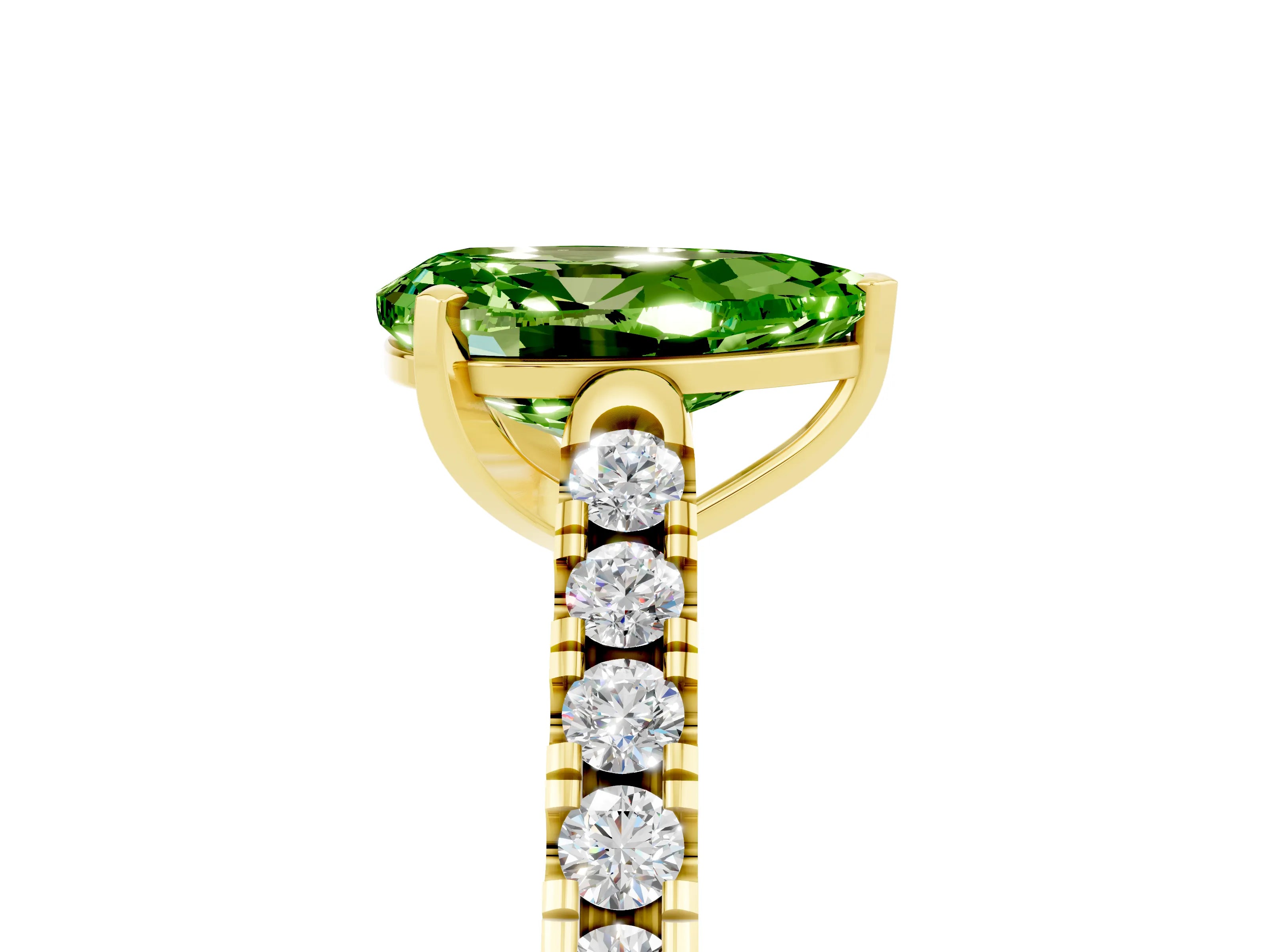Yellow gold {shape_name} Peridot Solitaire Ring with Pavé Band and Four-Prong Setting_5