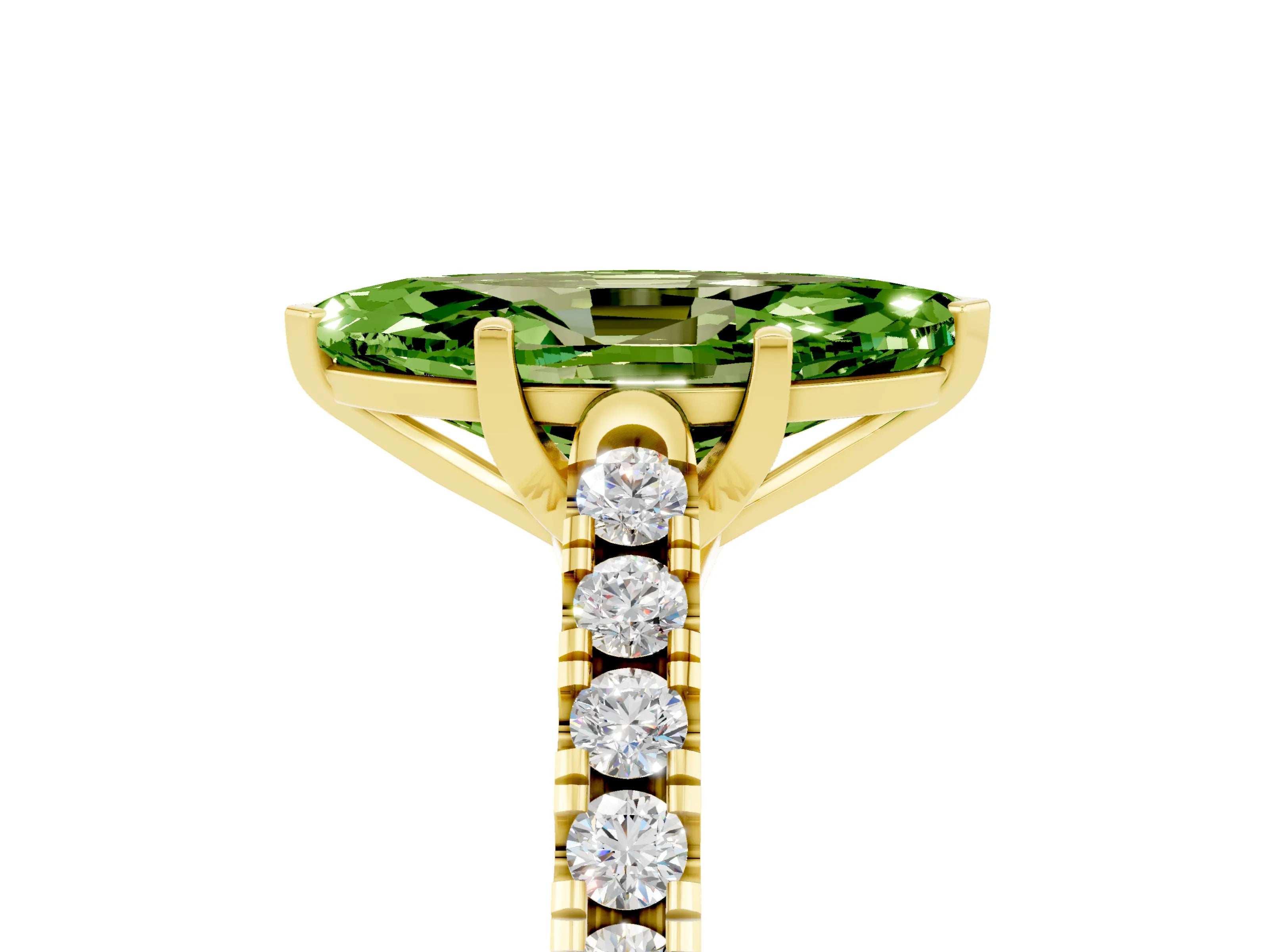 Yellow gold {shape_name} Peridot Solitaire Ring with Pavé Band and Four-Prong Setting_5
