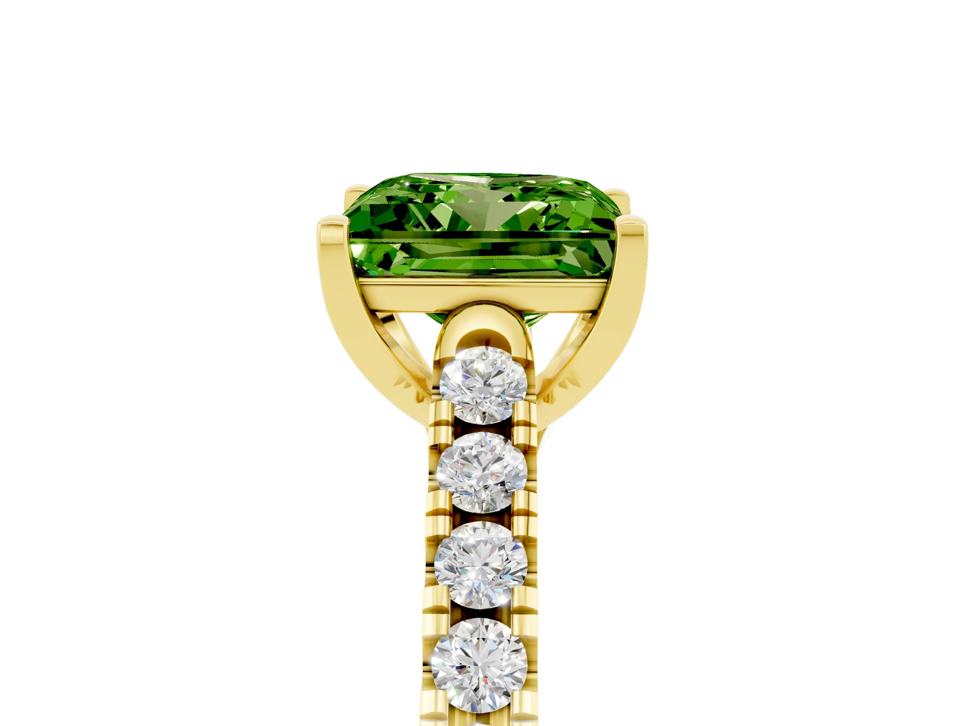 Yellow gold {shape_name} Peridot Solitaire Ring with Pavé Band and Four-Prong Setting_5