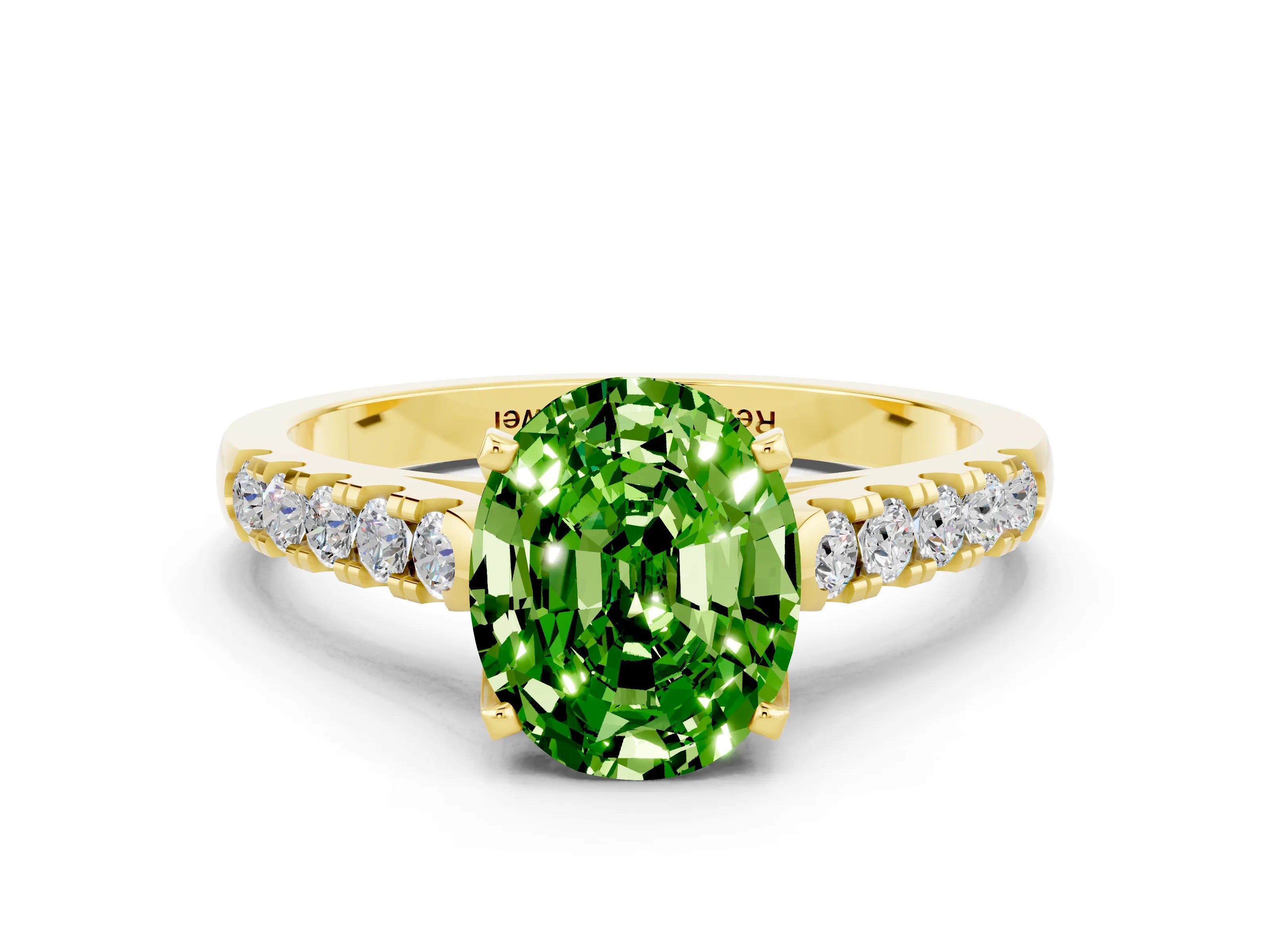 Yellow gold {shape_name} Peridot Solitaire Ring with Pavé Band and Four-Prong Setting