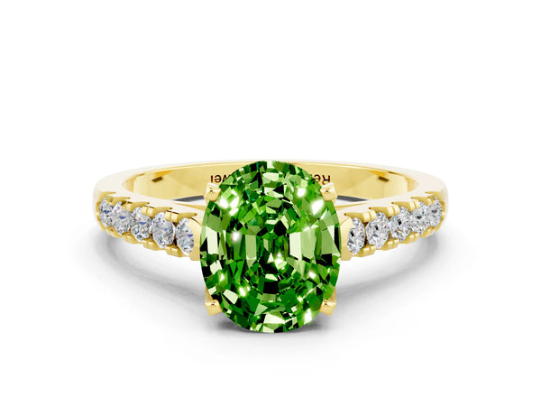 Yellow gold Oval Cut Peridot Pavé Band Solitaire Ring with Prong Setting