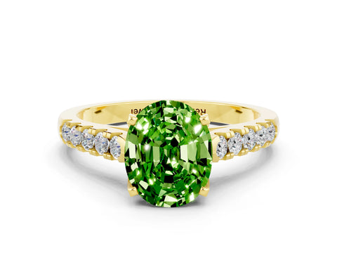 Yellow gold {shape_name} Peridot Solitaire Ring with Pavé Band and Four-Prong Setting