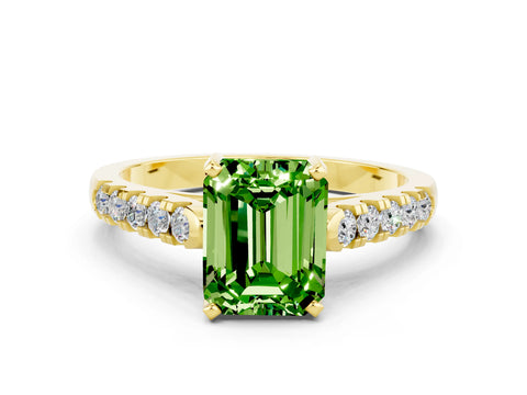 Yellow gold {shape_name} Peridot Solitaire Ring with Pavé Band and Four-Prong Setting