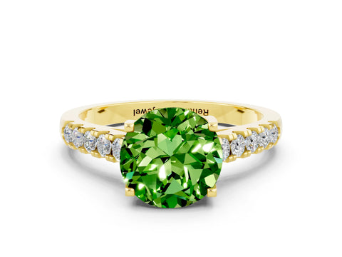 Yellow gold {shape_name} Peridot Solitaire Ring with Pavé Band and Four-Prong Setting
