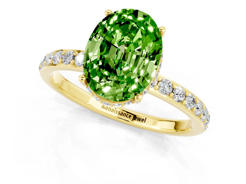 Yellow gold {shape_name} Peridot Solitaire Ring with Pavé Band and Hidden Halo_1
