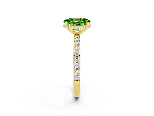 Yellow gold Oval Cut Peridot Solitaire Ring with Pavé Band and Hidden Halo